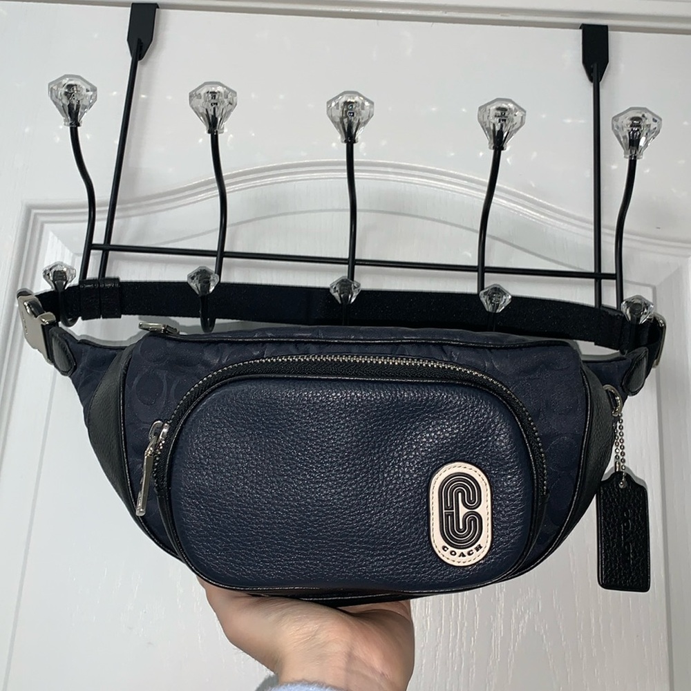 Navy Blue / Black Coach Classic Signature Leather / Nylon Belt Bag / Fanny Pack